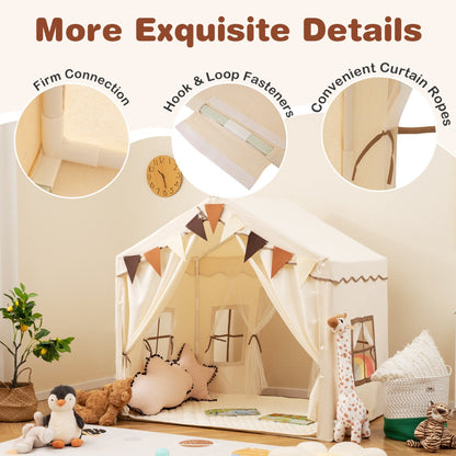 3-4 Kids Large Play Tent House with 2 Opening Doors  Star Lights and Plaid Pennants-Beige