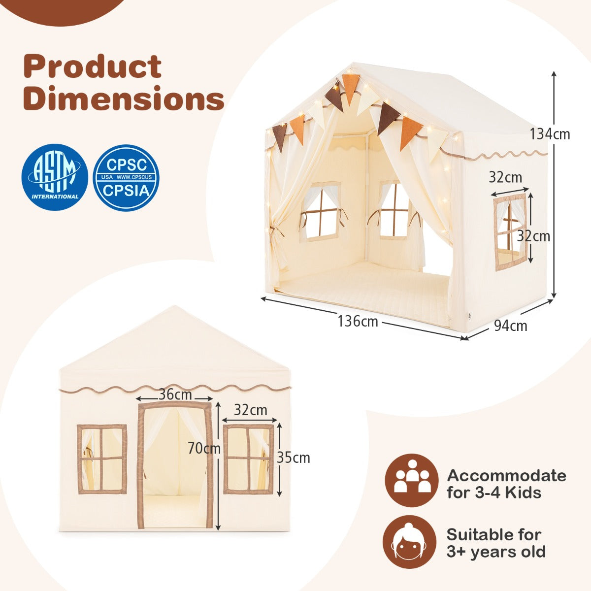 3-4 Kids Large Play Tent House with 2 Opening Doors  Star Lights and Plaid Pennants-Beige