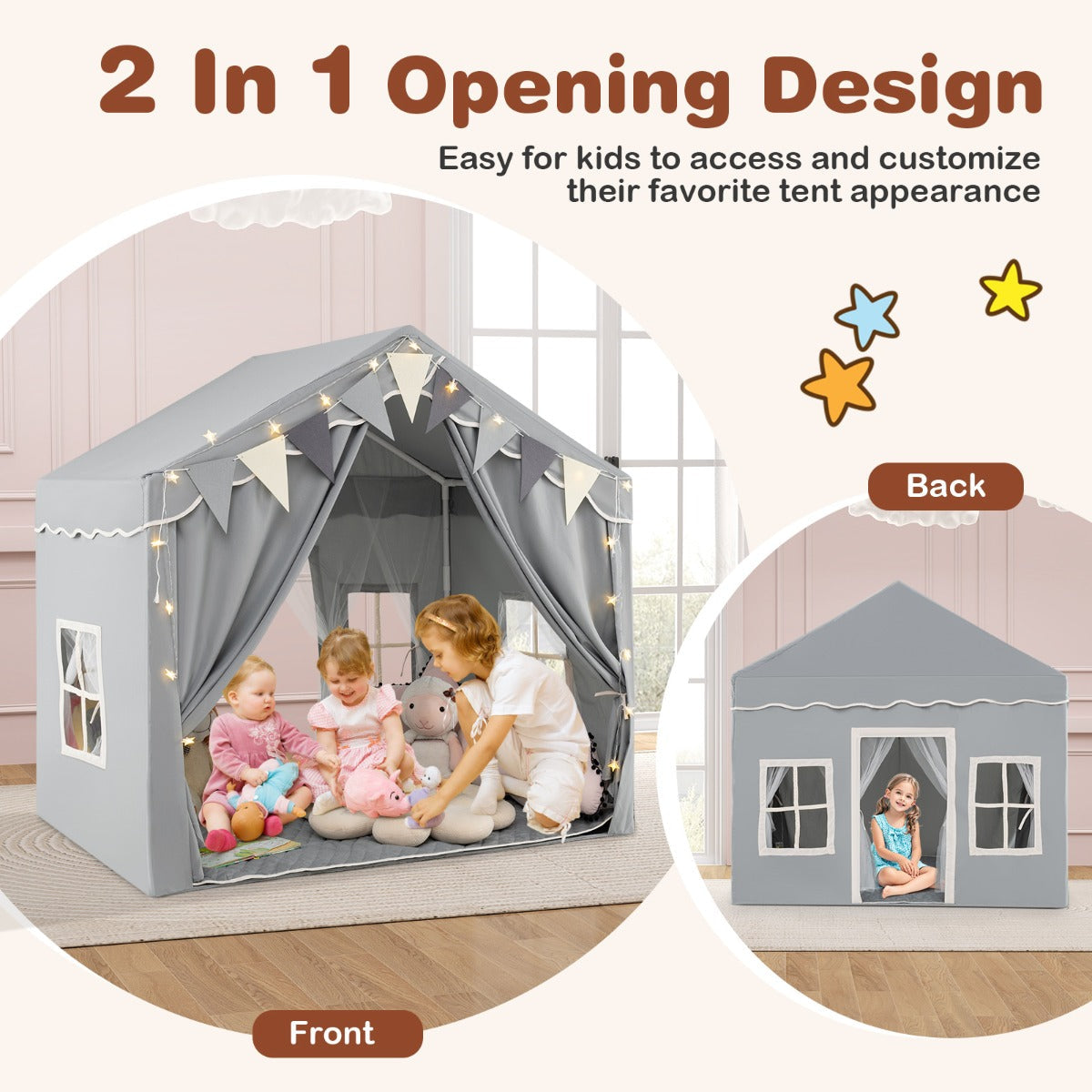 3-4 Kids Large Play Tent House with 2 Opening Doors  Star Lights and Plaid Pennants-Grey
