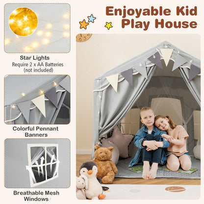 3-4 Kids Large Play Tent House with 2 Opening Doors  Star Lights and Plaid Pennants-Grey