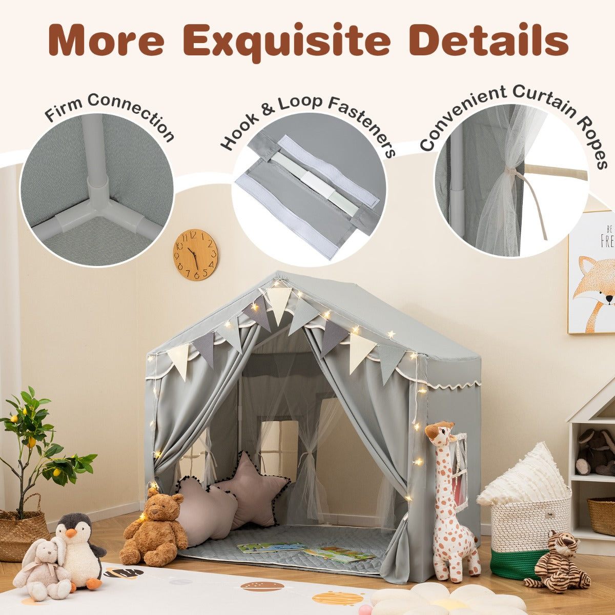 3-4 Kids Large Play Tent House with 2 Opening Doors  Star Lights and Plaid Pennants-Grey