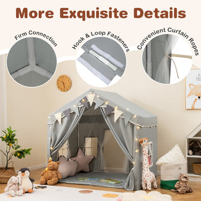 3-4 Kids Large Play Tent House with 2 Opening Doors  Star Lights and Plaid Pennants-Grey