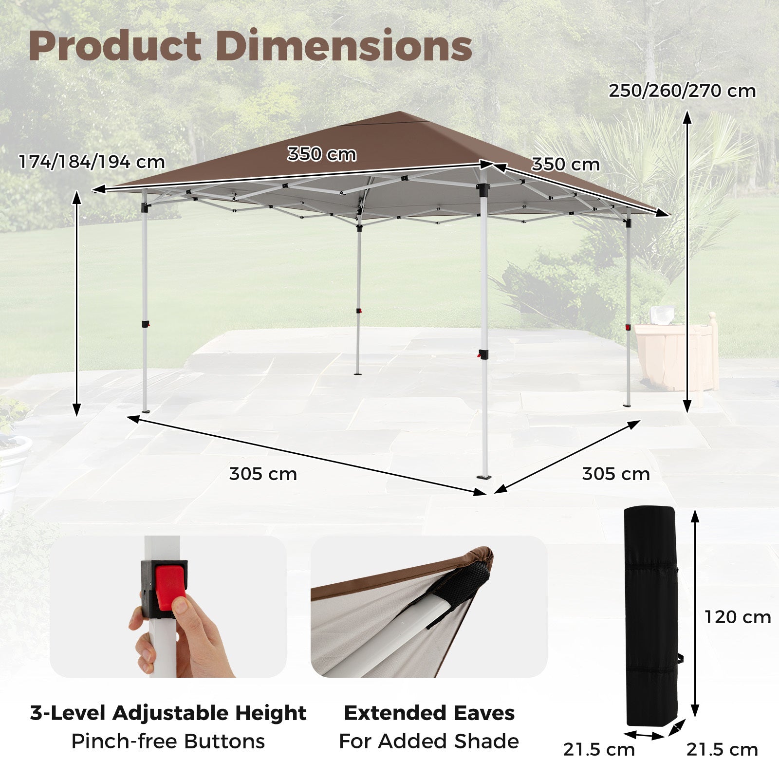 3.5 x 3.5 M Pop up Canopy Tent with UPF50+ Sun-Protective Top and Carry Bag-Brown