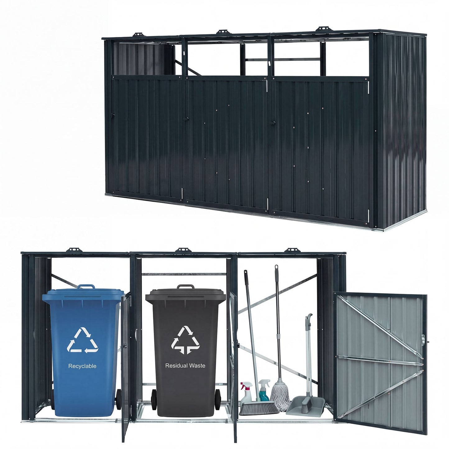 3-Bin Metal Trash Shed with Flip-Up Lids and Lockable Doors for Backyard-Grey