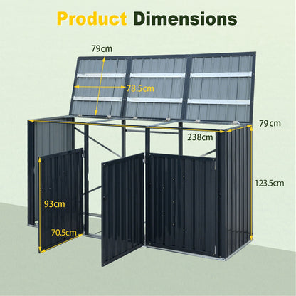 3-Bin Metal Trash Shed with Flip-Up Lids and Lockable Doors for Backyard-Grey