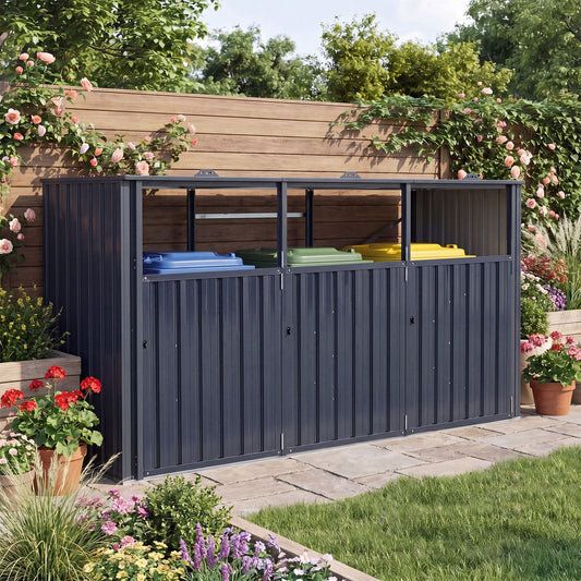 3-Bin Metal Trash Shed with Flip-Up Lids and Lockable Doors for Backyard-Grey