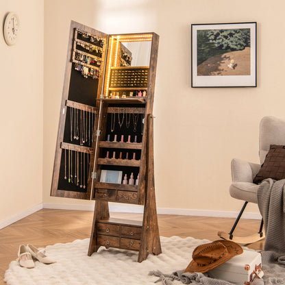 3-Color LED Lighted Jewelry Cabinet with Full-Length Mirror and Adjustable Tilt Angles-Rustic Brown