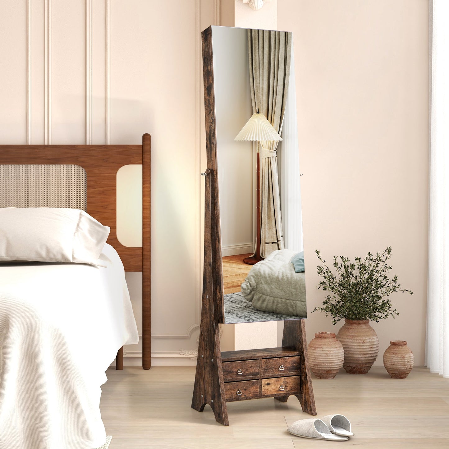 3-Color LED Lighted Jewelry Cabinet with Full-Length Mirror and Adjustable Tilt Angles-Rustic Brown