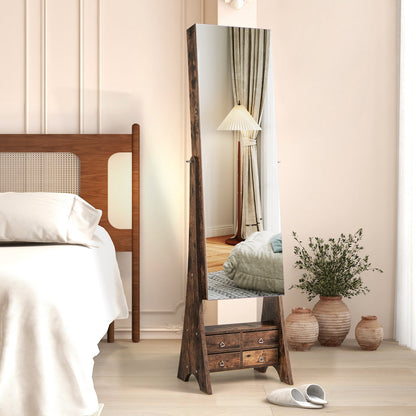 3-Color LED Lighted Jewelry Cabinet with Full-Length Mirror and Adjustable Tilt Angles-Rustic Brown