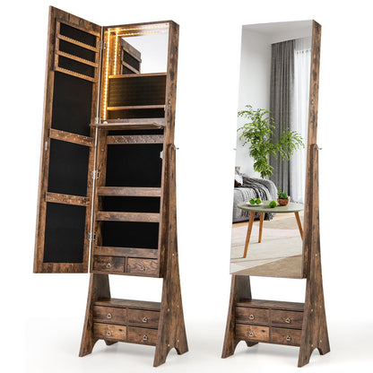 3-Color LED Lighted Jewelry Cabinet with Full-Length Mirror and Adjustable Tilt Angles-Rustic Brown