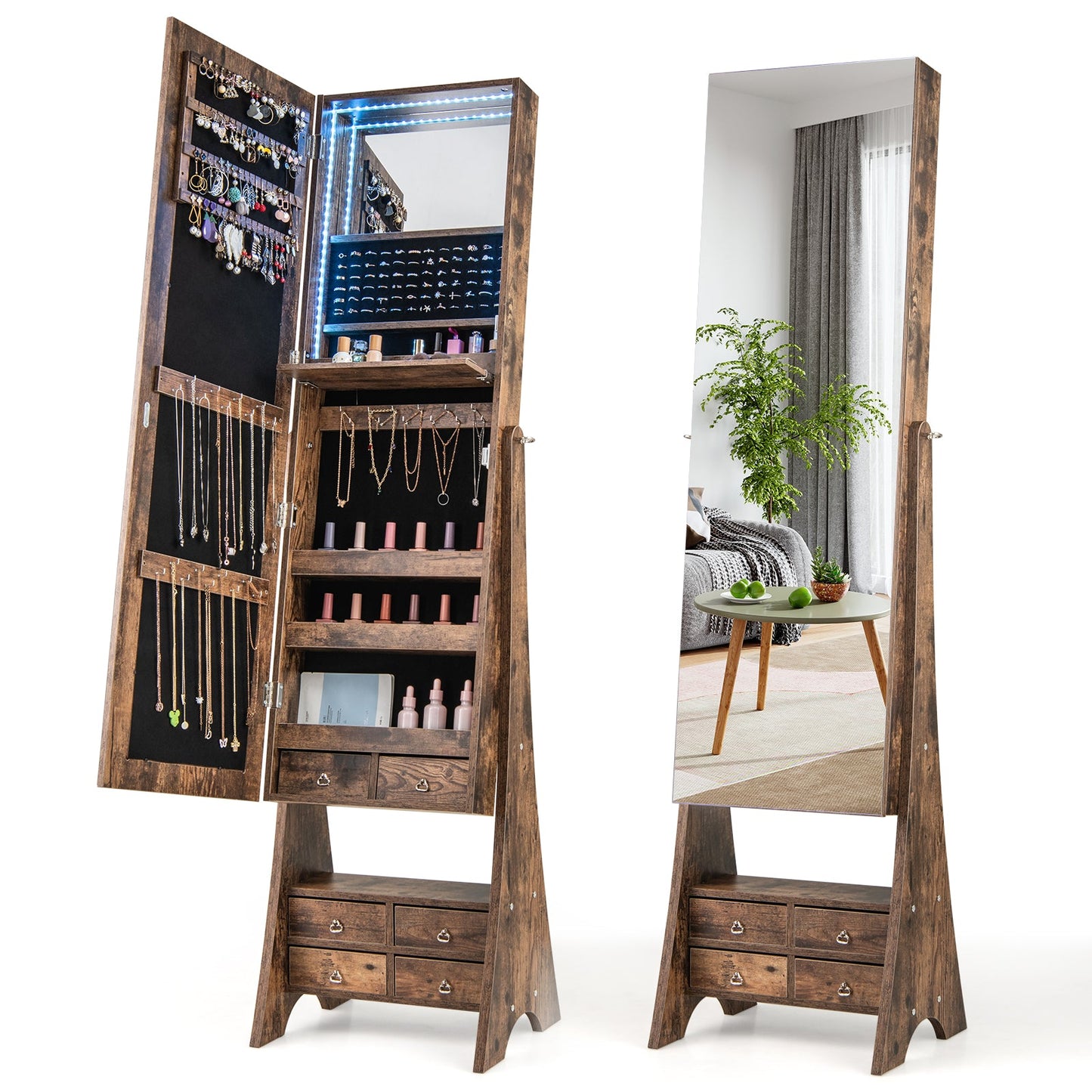 3-Color LED Lighted Jewelry Cabinet with Full-Length Mirror and Adjustable Tilt Angles-Rustic Brown