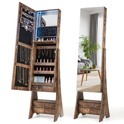 3-Color LED Lighted Jewelry Cabinet with Full-Length Mirror and Adjustable Tilt Angles-Rustic Brown