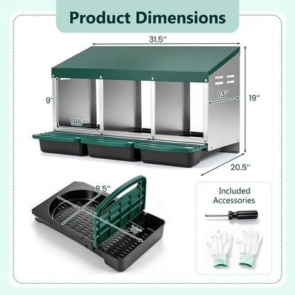 3-Compartment Roll Away Chicken Nesting Box for Hens-Green