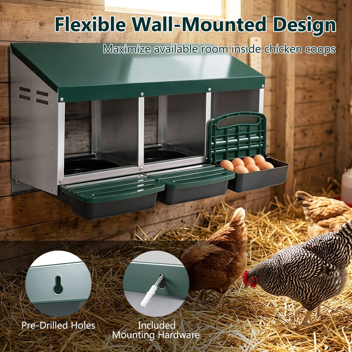 3-Compartment Roll Away Chicken Nesting Box for Hens-Green