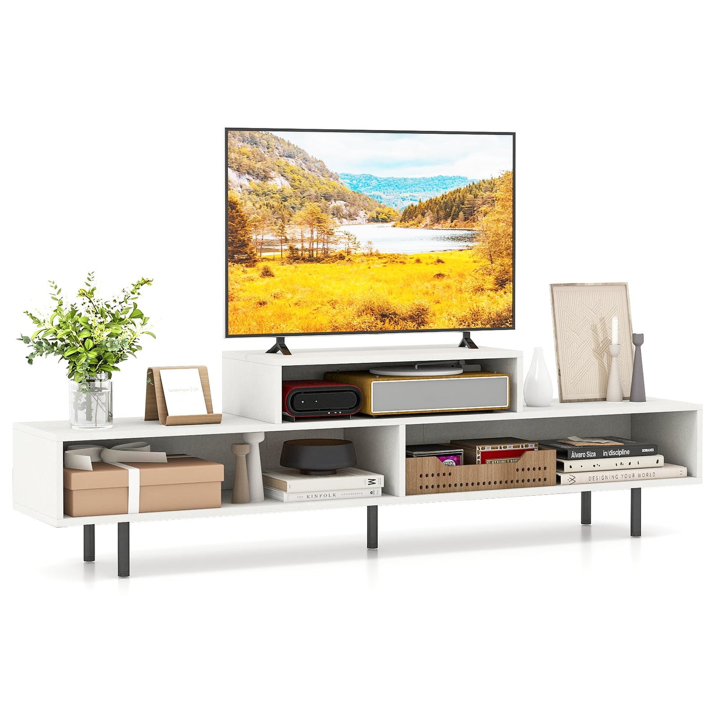 3 Cubby TV Stand Entertainment Center with Compartments-White