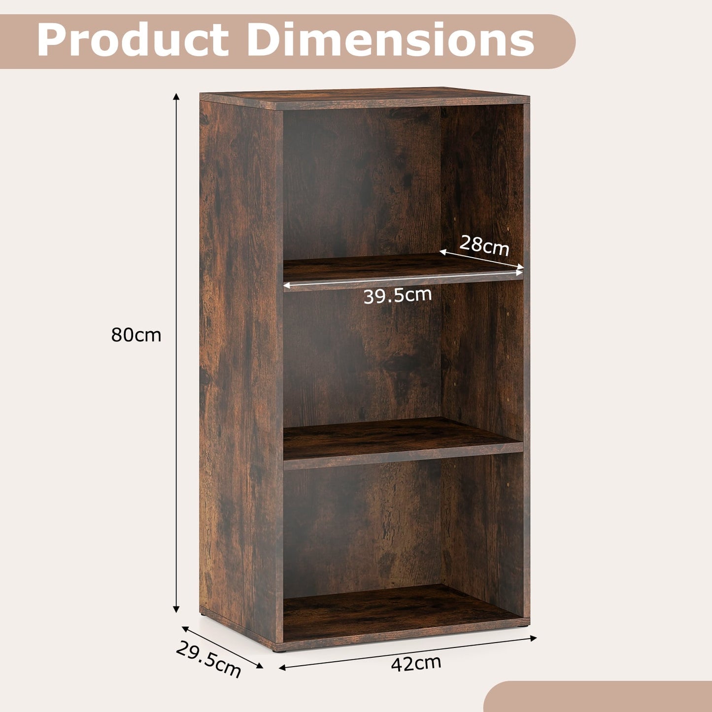 3-Cube Bookcase with 7-Position Adjustable Shelves and Anti-Toppling Kits-Rustic Brown