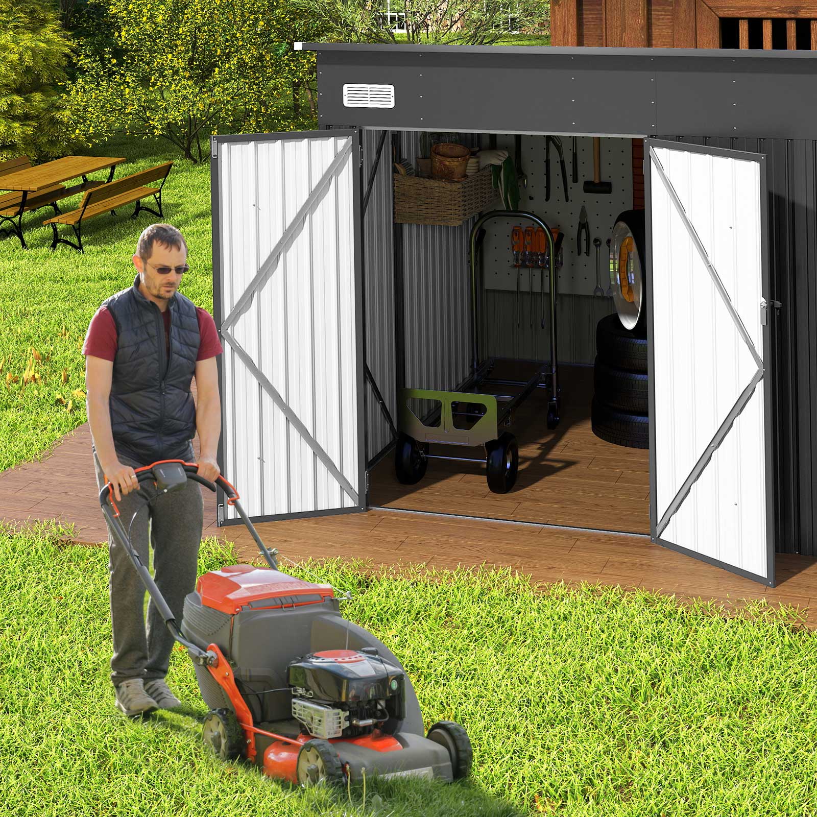 3-Door Outdoor Storage Shed with Air Vents and Sloping Roof-Dark Grey