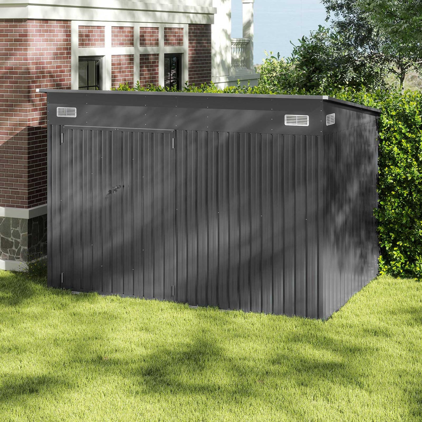 3-Door Outdoor Storage Shed with Air Vents and Sloping Roof-Dark Grey