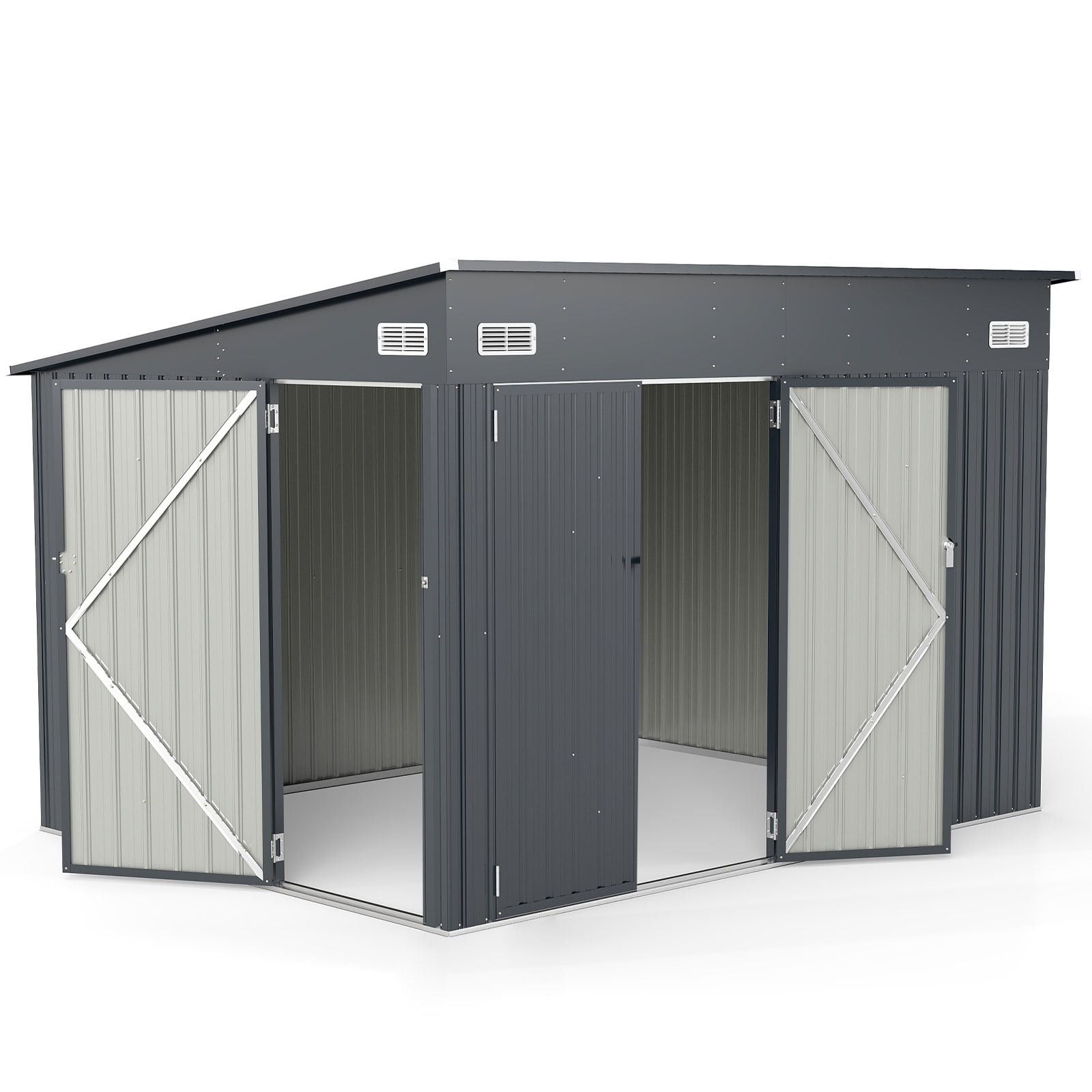 3-Door Outdoor Storage Shed with Air Vents and Sloping Roof-Dark Grey