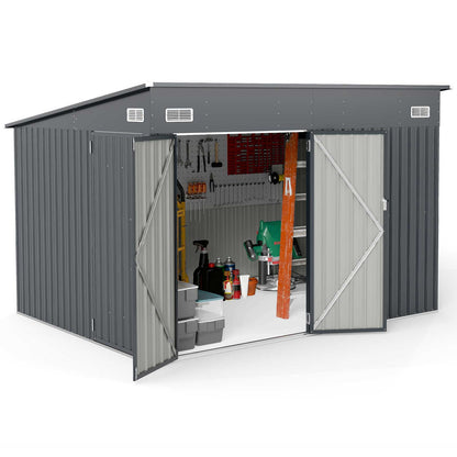 3-Door Outdoor Storage Shed with Air Vents and Sloping Roof-Dark Grey