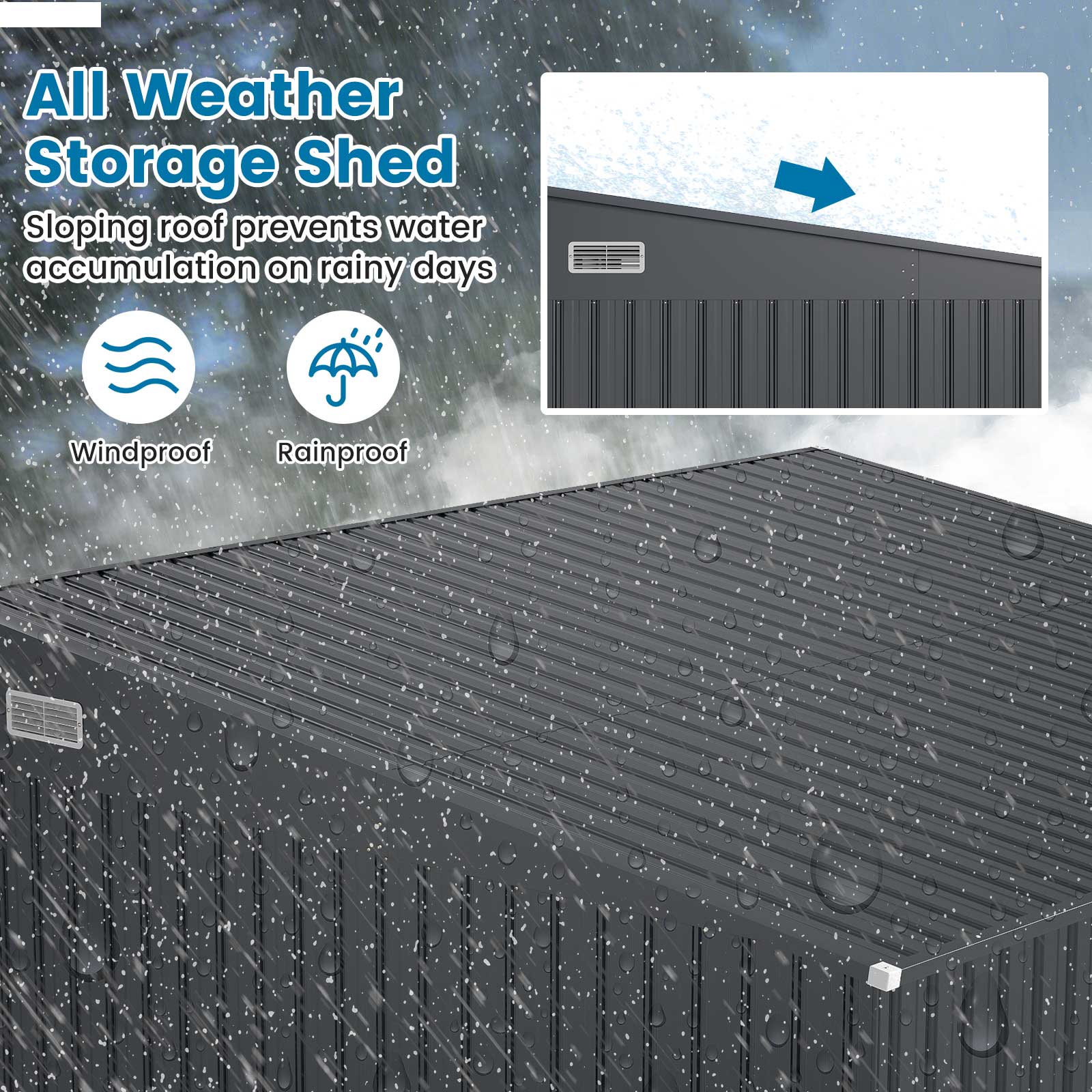 3-Door Outdoor Storage Shed with Air Vents and Sloping Roof-Dark Grey