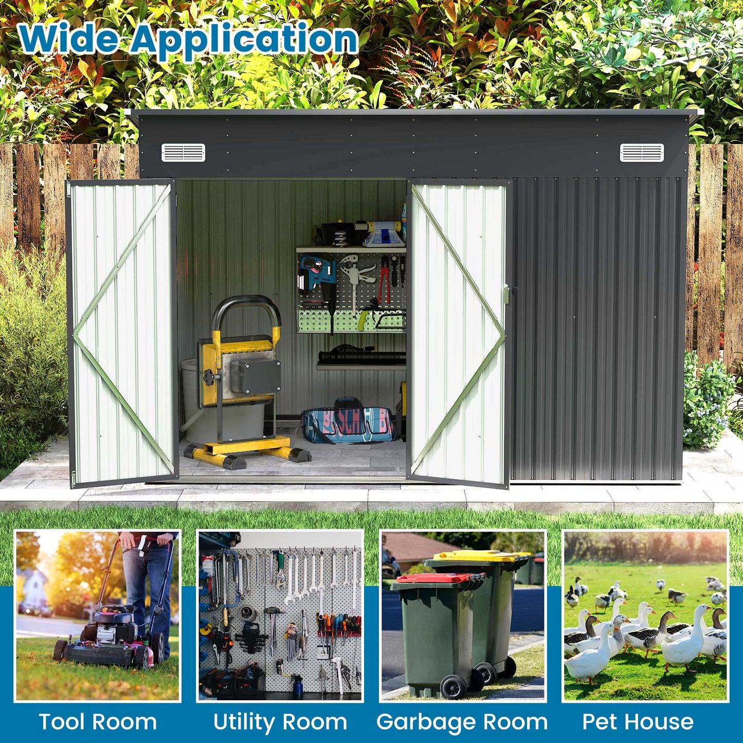3-Door Outdoor Storage Shed with Air Vents and Sloping Roof-Dark Grey