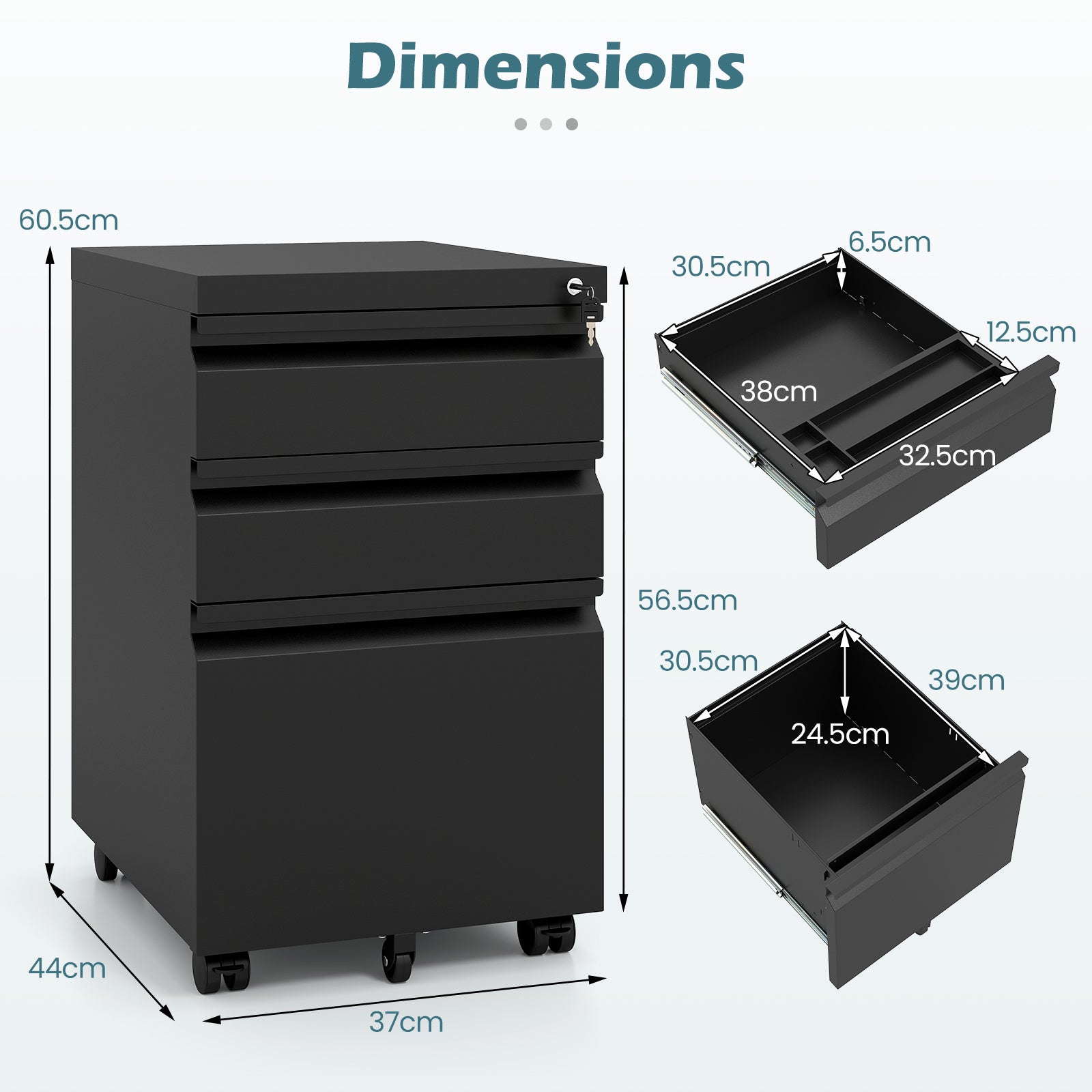 3-Drawer Mobile File Cabinet with 5 Casters and 2 Keys for A4-Black