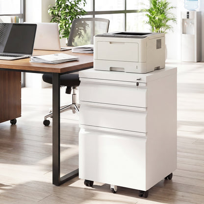 3-Drawer Mobile File Cabinet with 5 Casters and 2 Keys for A4-White