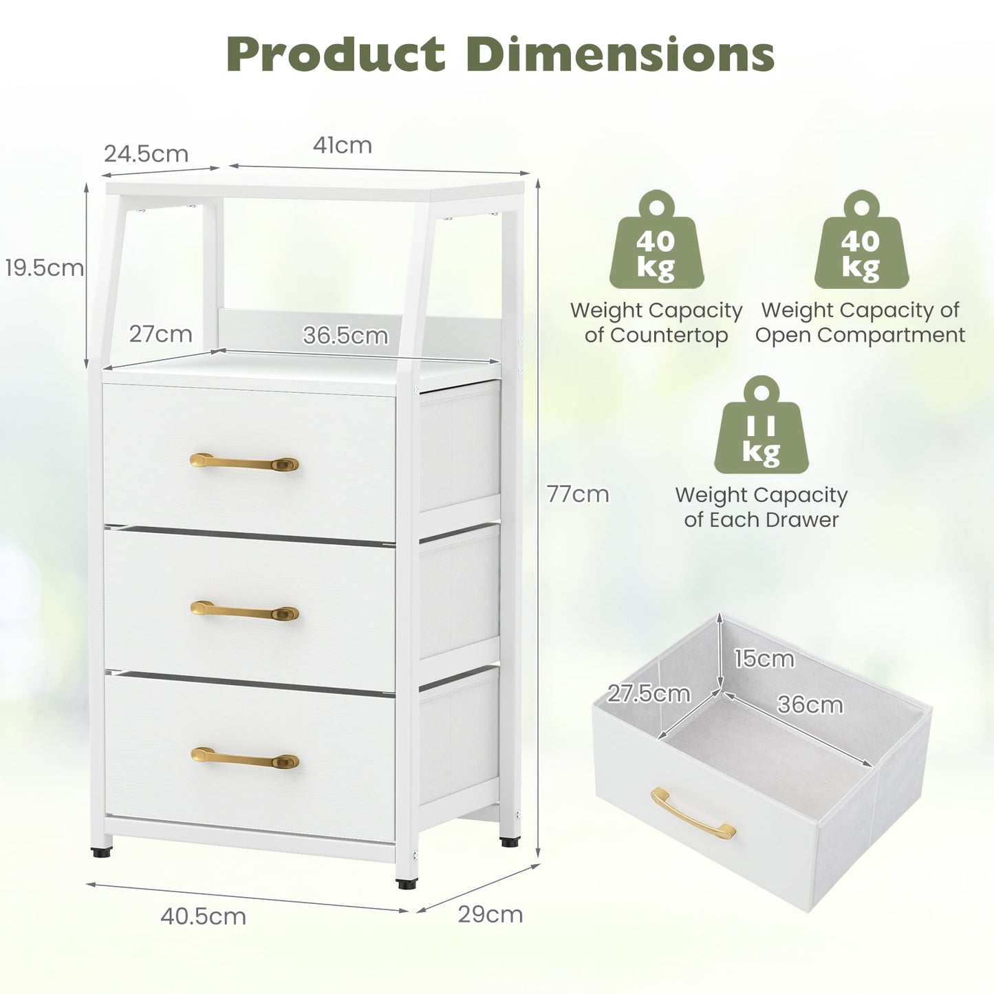 3-Drawer Storage Cabinet Vertical Storage Dresser with Detachable-White