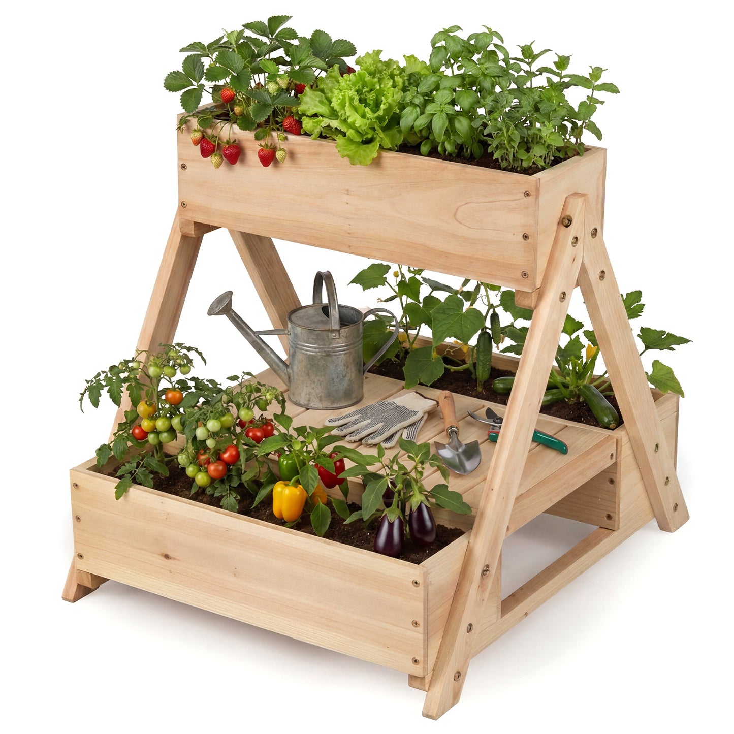 3 Fir Wooden Planter Boxes with Open Storage Shelf and 3 Drainage Holes-Natural