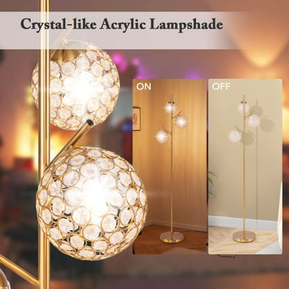 3-Globe Floor Lamp with Foot Switch and 3 E27 Bulb Bases-Golden