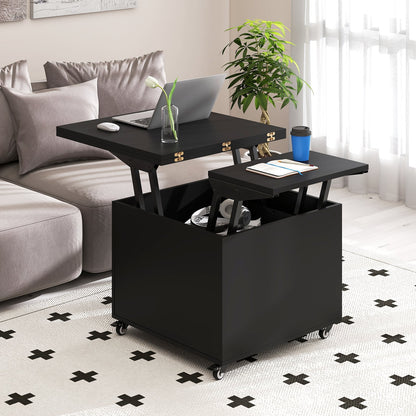 3-In-1 Lift Top Coffee Table with Hidden Storage Drawers and 360° Lockable Wheels-Black