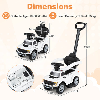 3-In-1 Push Car for Toddlers Licensed Ford with LED Headlights-White
