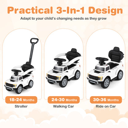 3-In-1 Push Car for Toddlers Licensed Ford with LED Headlights-White