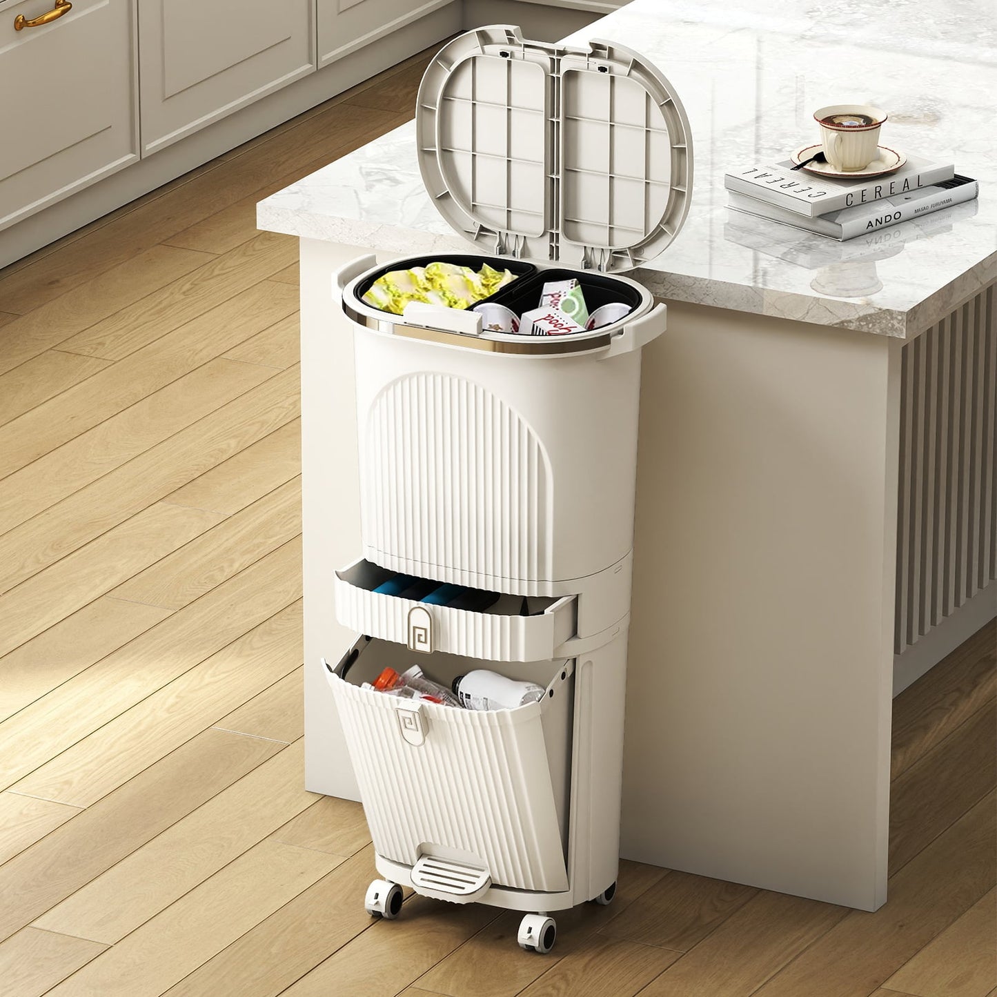 3-Layer Sorting Trash Bin with 2 Removable Buckets-Beige
