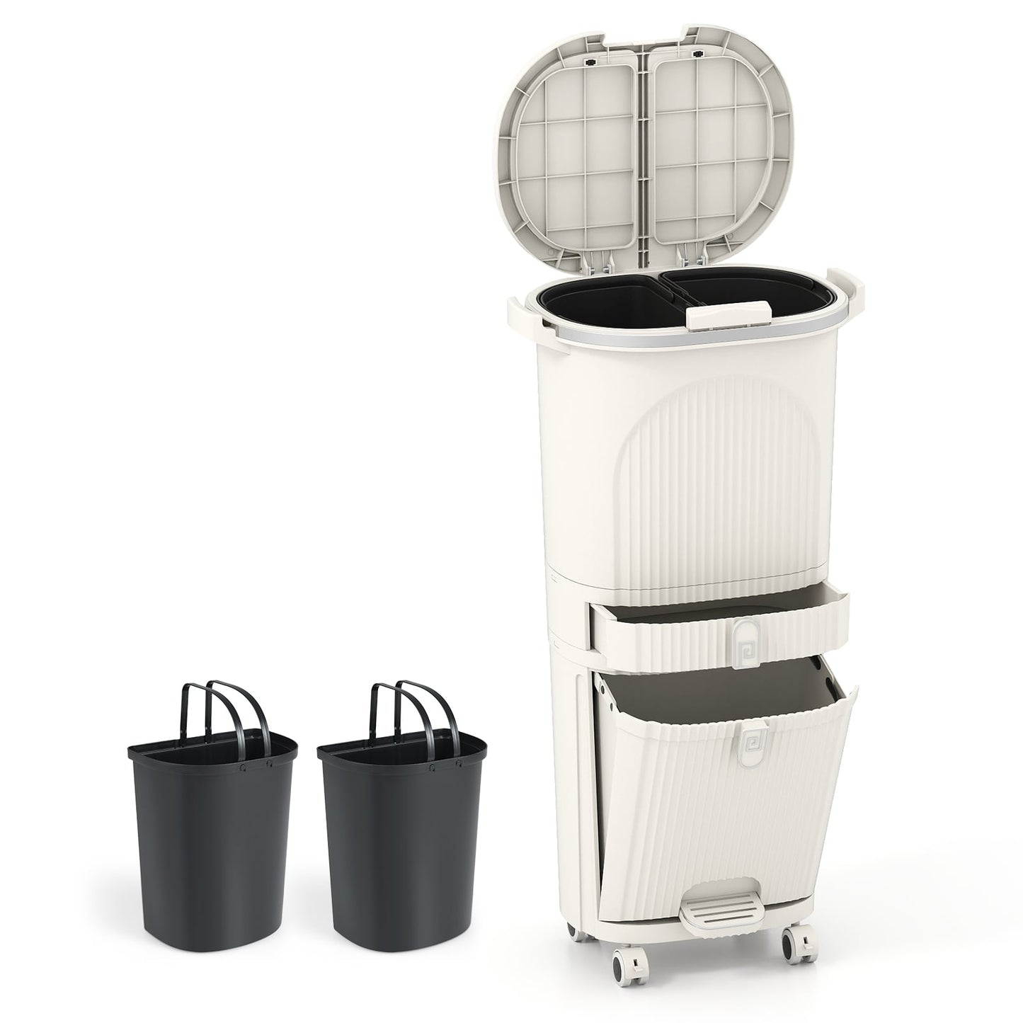 3-Layer Sorting Trash Bin with 2 Removable Buckets-Beige