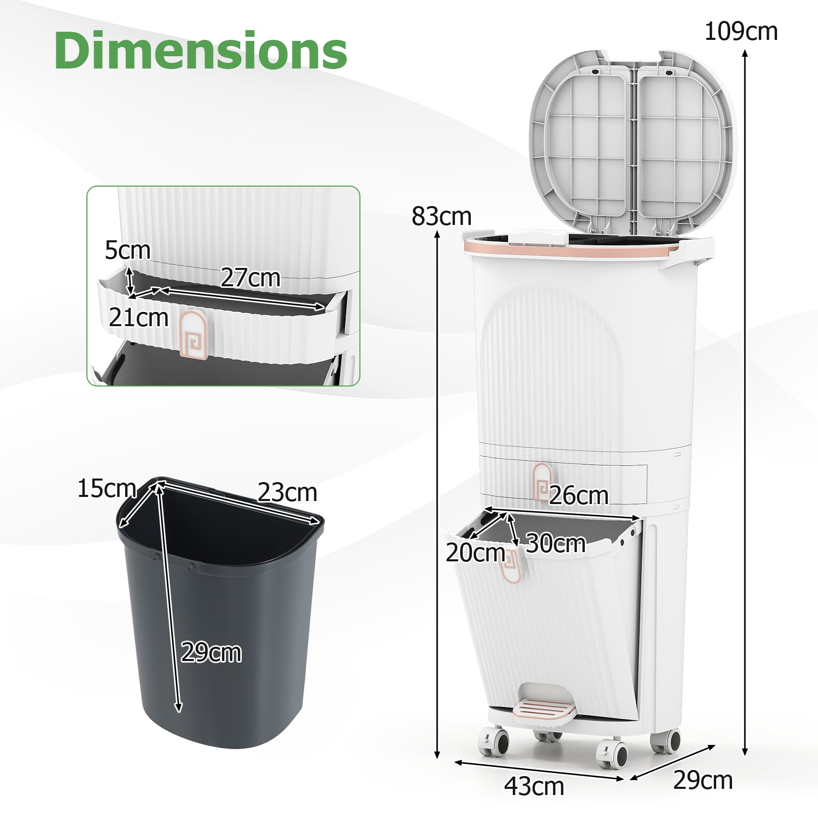 3-Layer Sorting Trash Bin with 2 Removable Buckets-White