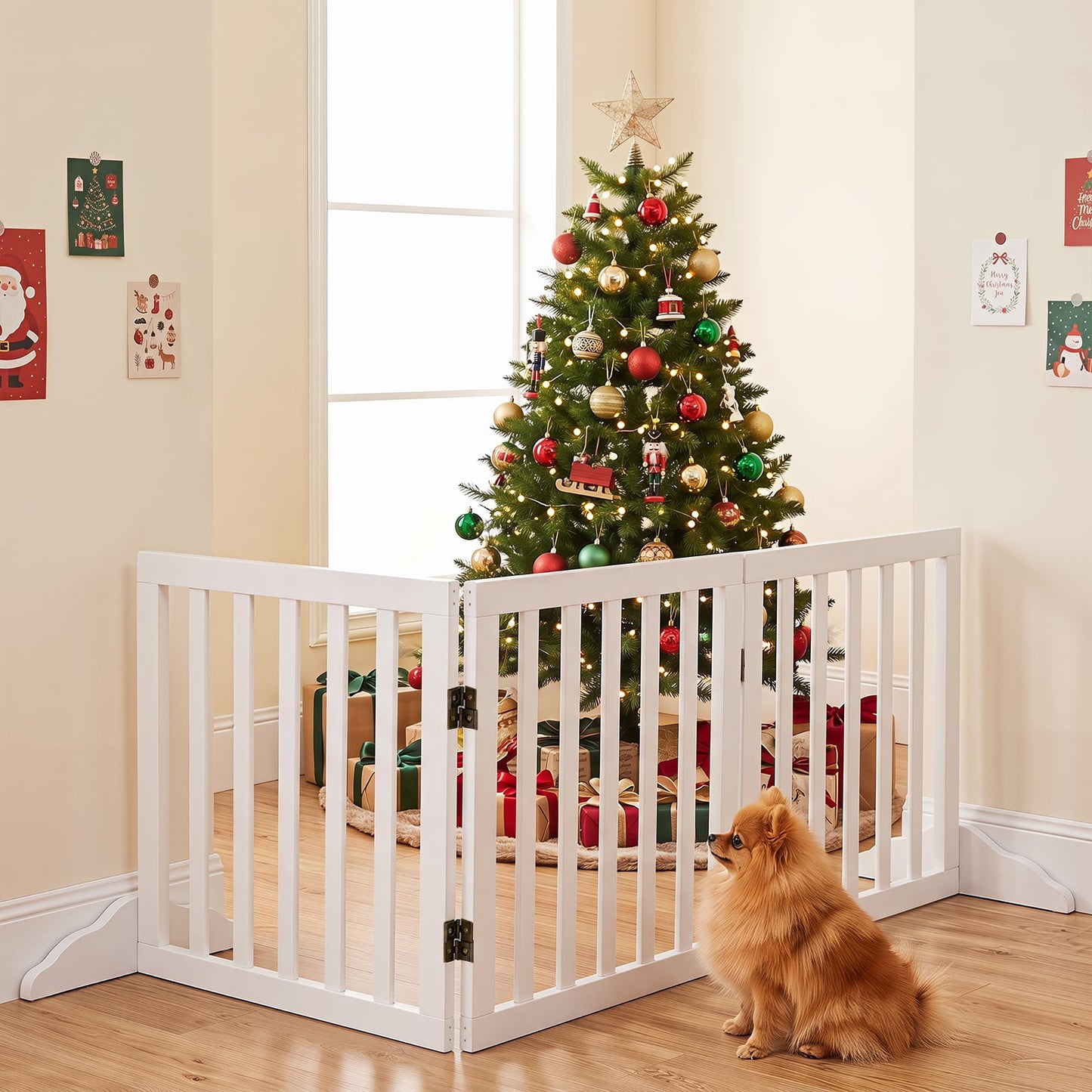 3-Panel Foldable Pet Fence with Support Feet and Flexible 2-Way Hinges-White