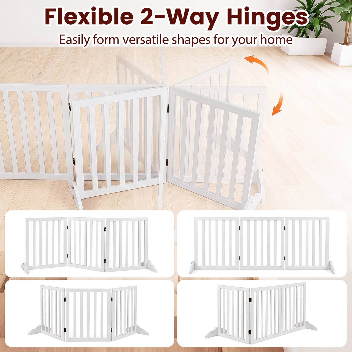 3-Panel Foldable Pet Fence with Support Feet and Flexible 2-Way Hinges-White
