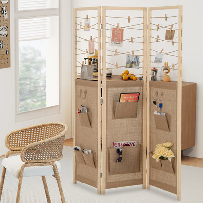 3-Panel Room Divider with 8 Storage Pockets and 4 Hooks-Natural