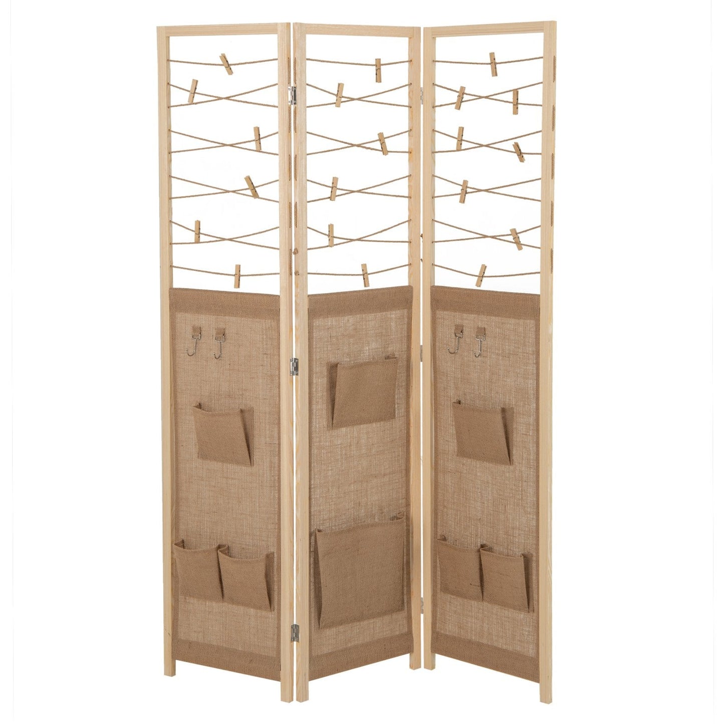 3-Panel Room Divider with 8 Storage Pockets and 4 Hooks-Natural