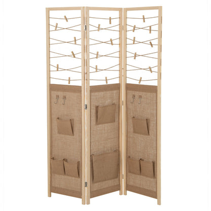 3-Panel Room Divider with 8 Storage Pockets and 4 Hooks-Natural