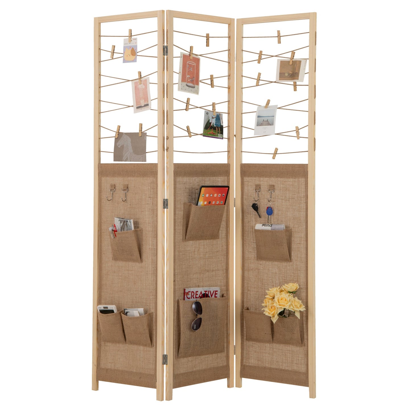 3-Panel Room Divider with 8 Storage Pockets and 4 Hooks-Natural