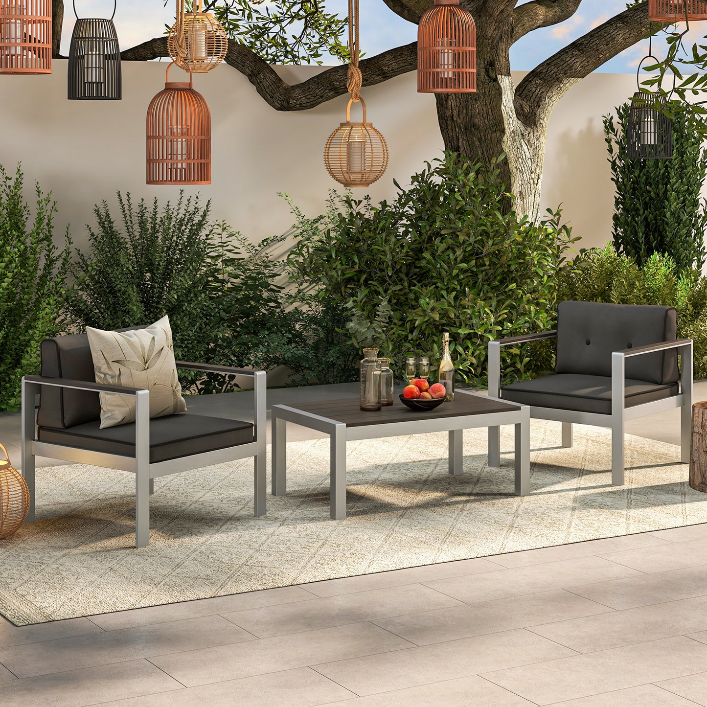 3-Piece Aluminum Patio Set with Cushions for Garden Backyard Poolside-Grey