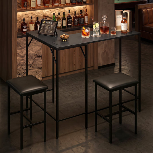 3-Piece Bar Table & Chair Set w/2 AC Outlets USB Port & Type-C Port for Kitchen Corner Bar-Black