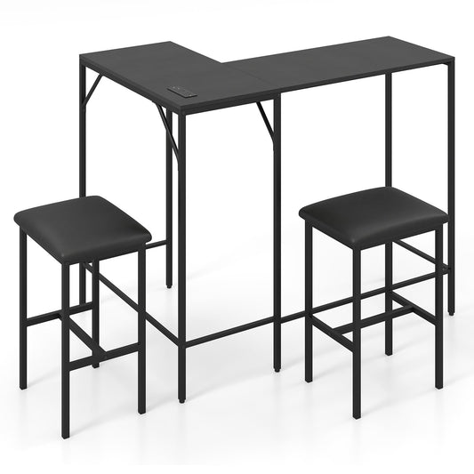 3-Piece Bar Table & Chair Set w/2 AC Outlets USB Port & Type-C Port for Kitchen Corner Bar-Black