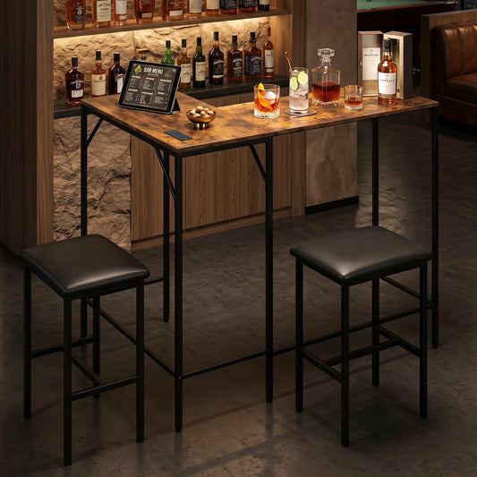 3-Piece Bar Table & Chair Set w/2 AC Outlets USB Port & Type-C Port for Kitchen Corner Bar-Rustic Brown