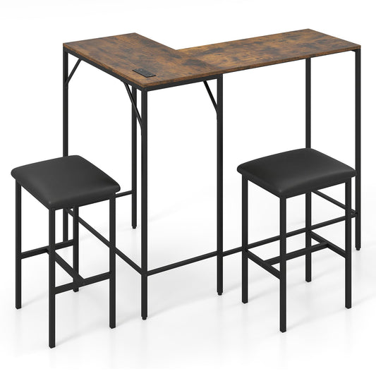 3-Piece Bar Table & Chair Set w/2 AC Outlets USB Port & Type-C Port for Kitchen Corner Bar-Rustic Brown