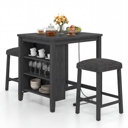 3-Piece Bar Table Set with Power Outlet Counter Height Kitchen Dining Table-Black