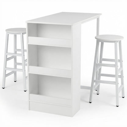 3-Piece Dining Table Set 91 cm Counter Height Bistro Table with 3 Storage Shelves-White
